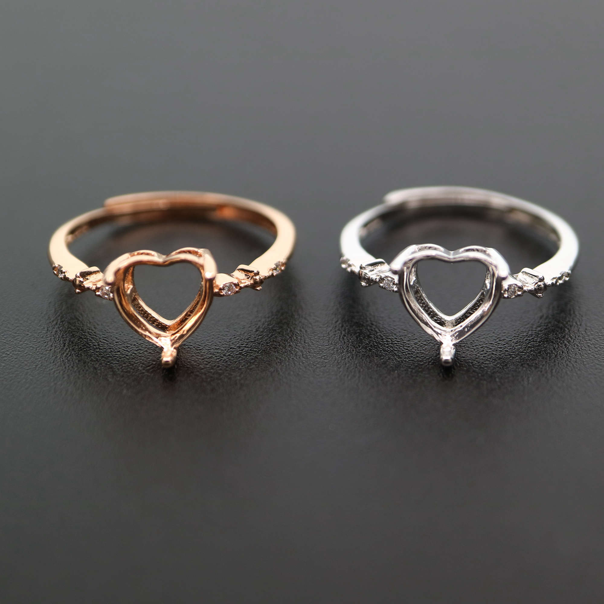 6-9MM heart shape bezel rose gold silver Gemstone CZ stone prong bezel solid 925 sterling silver adjustable ring settings 1294139 - Click Image to Close